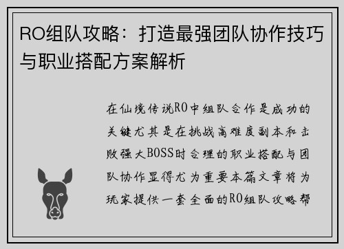 RO组队攻略：打造最强团队协作技巧与职业搭配方案解析